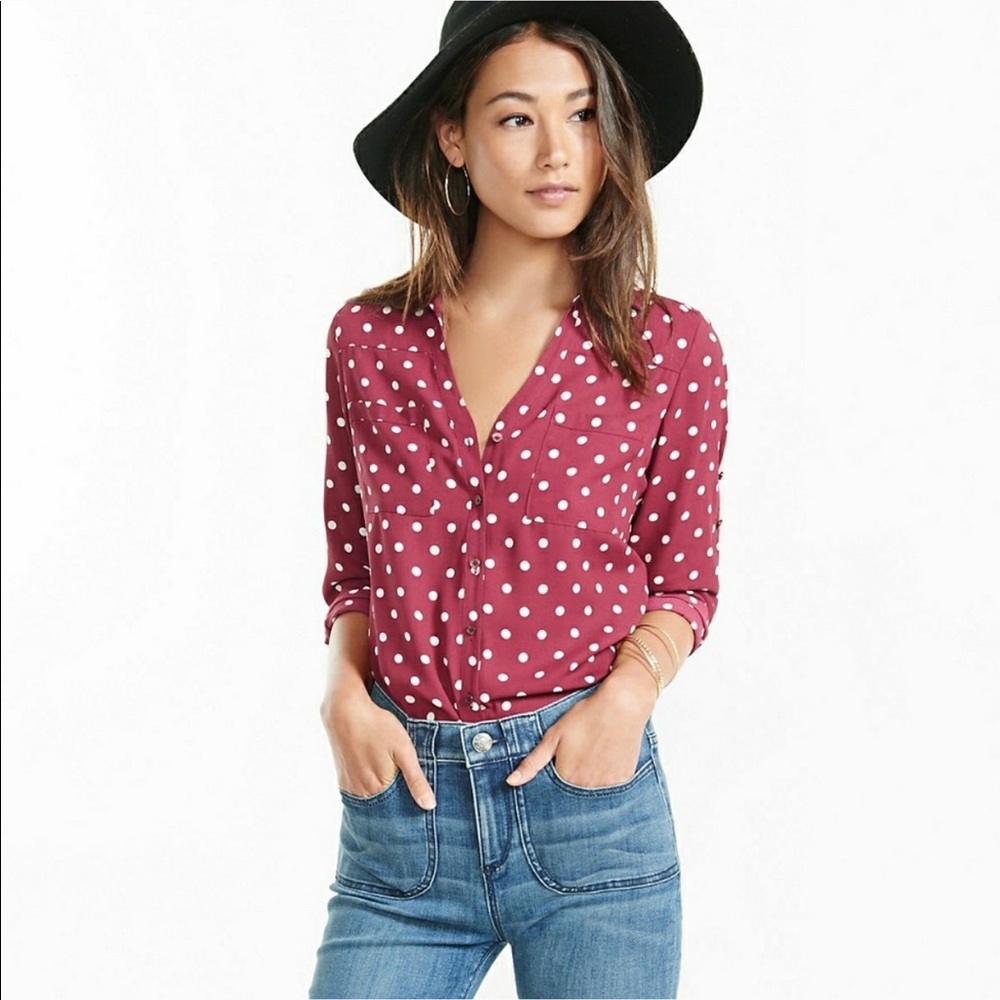 EXPRESS POLKA DOT PORTOFINO PLUM BLOUSE - M
